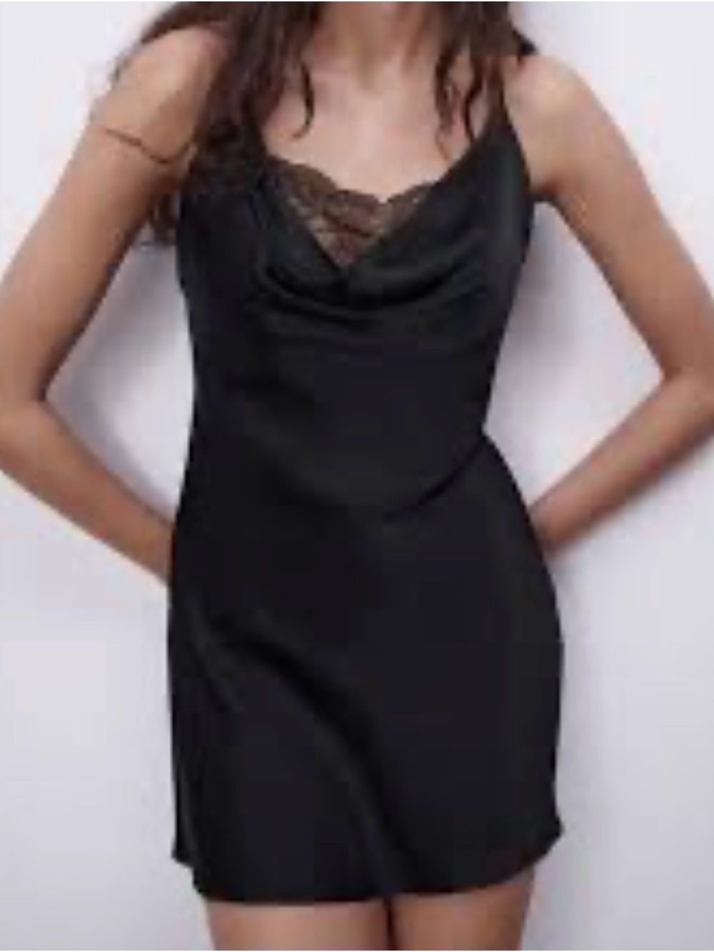 Zara Black Satin Lace-Trim Mini Dress M NWT